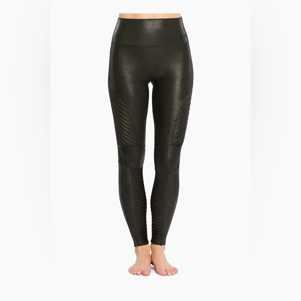 Spanx Black Moto Faux Leather High waisted Leggings - size Petite Large